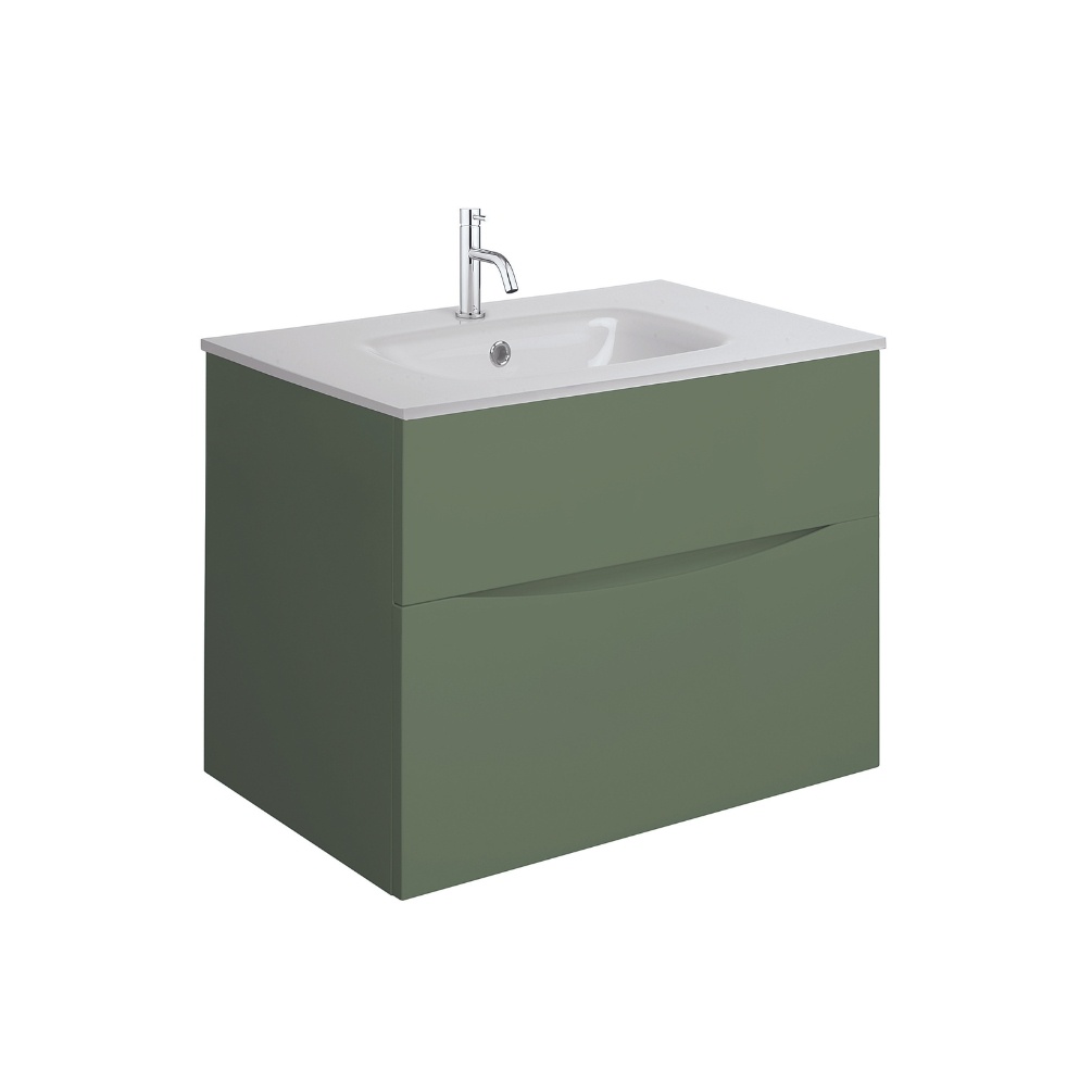 Product Cut out image of the Crosswater Glide II Sage Green 700mm Double Drawer Unit with Ice White Glass 1 Tap Hole Basin